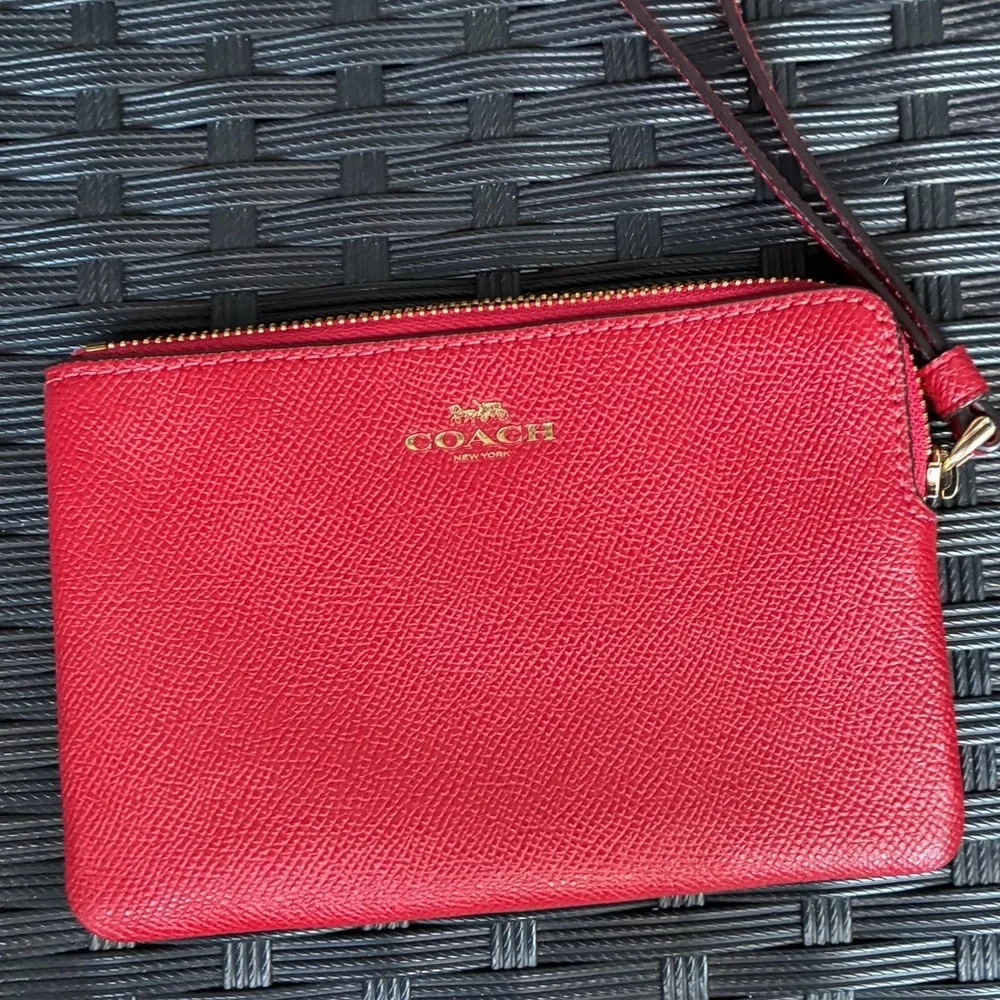 Coach Red Pebbled Leather Wristlet with Gold Logo